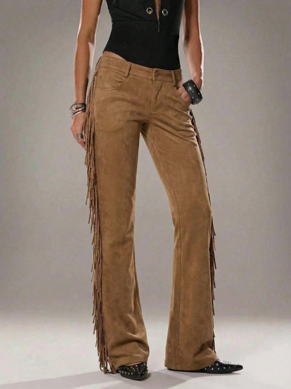 Brown Casual Women's Flare Leg Pants With Side Fringe Detail - Picture 4 of 5